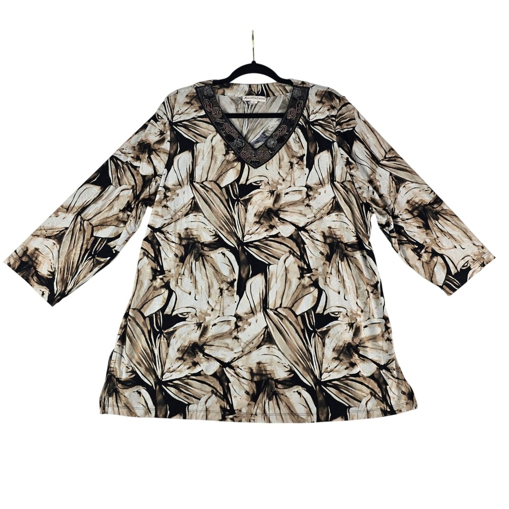 JM Collection Embellished V-Neck Tunic Top Women 2X Black Tan Floral 3/4 Sleeve